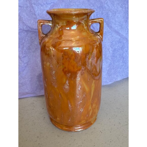 Art Deco Peach Luster Ware Dual Square Handles Vase 5" Tall - Picture 6 of 9